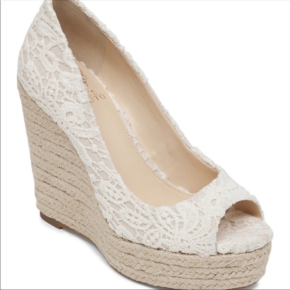 Vince Camuto Shoes - NWT Vince Camuto Lace Crochet Nude Wedge sandal